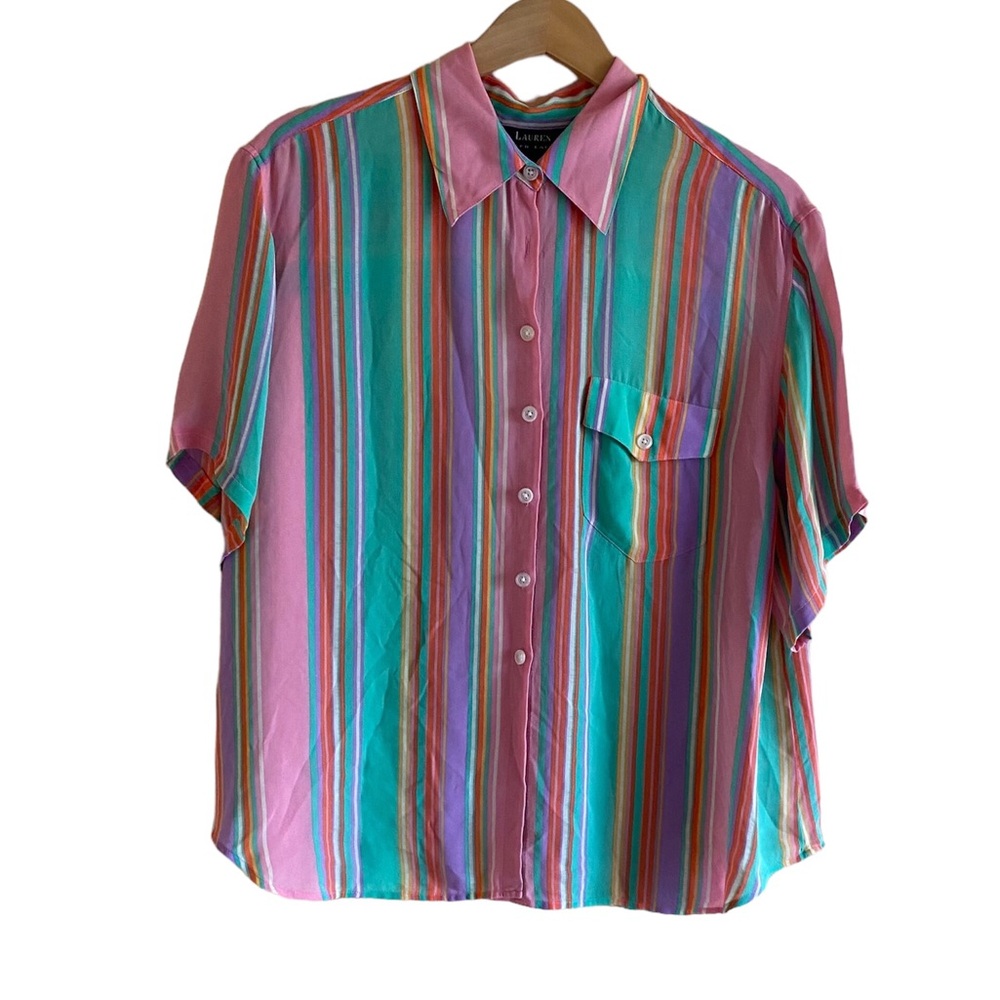 Ralph Lauren LRL Blouse Woman 18W Pastel Stripped Silk Short Sleeve Pocket FLAW